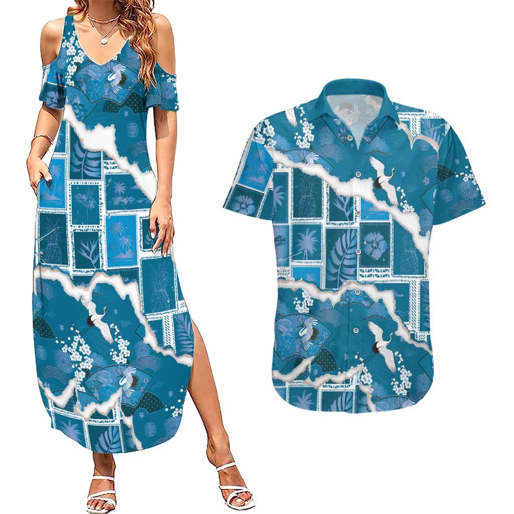 Hawaii Japanese Culture Blue Couples Matching Summer Maxi Dress and Hawaiian Shirt Spring Cranes Aloha Pattern