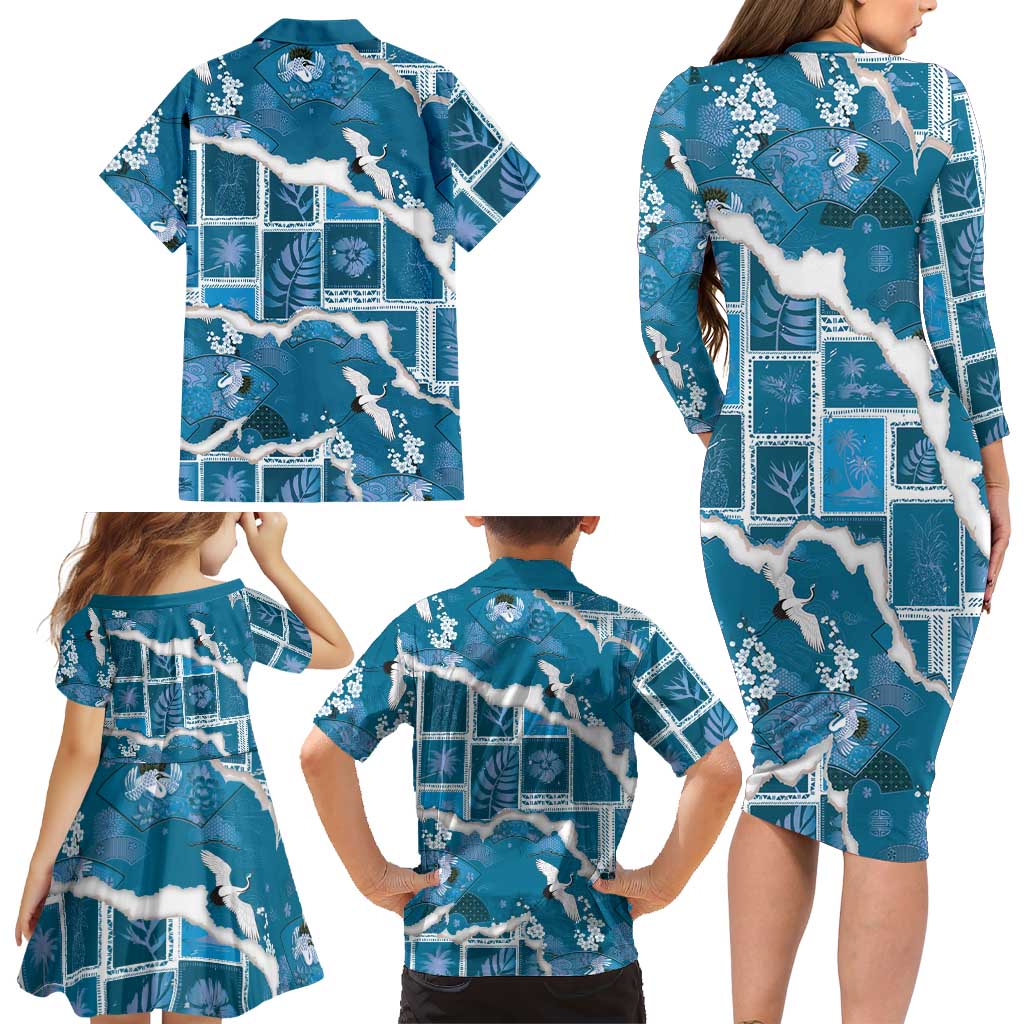 Hawaii Japanese Culture Blue Family Matching Long Sleeve Bodycon Dress and Hawaiian Shirt Spring Cranes Aloha Pattern
