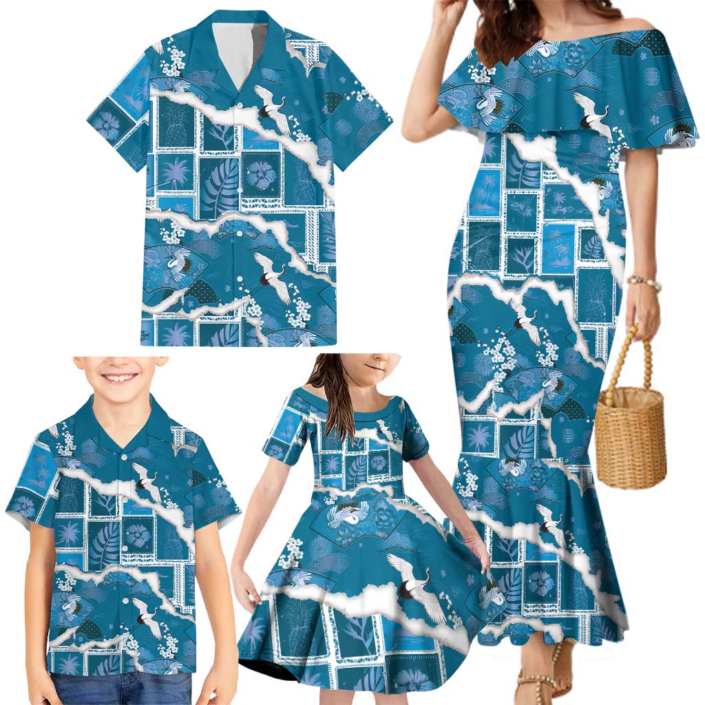 Hawaii Japanese Culture Blue Family Matching Mermaid Dress and Hawaiian Shirt Spring Cranes Aloha Pattern