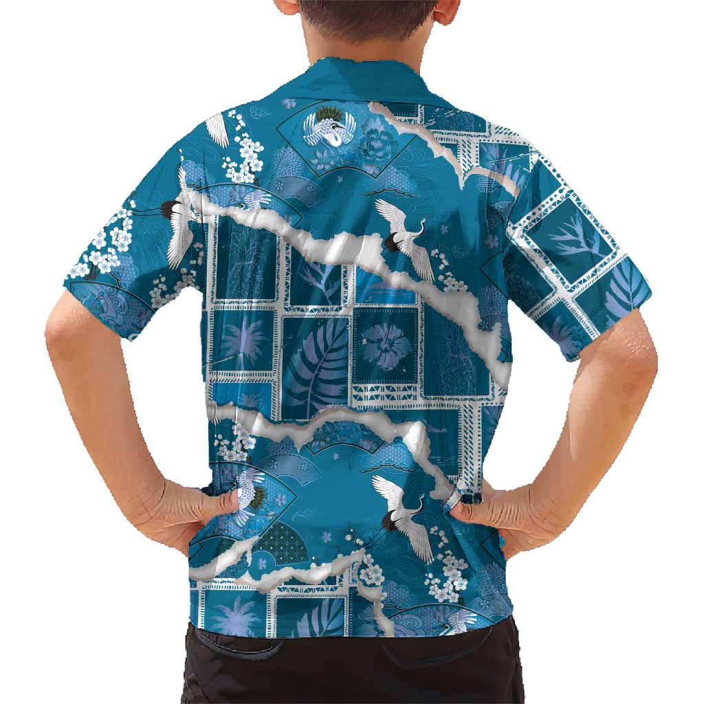 Hawaii Japanese Culture Blue Family Matching Off The Shoulder Long Sleeve Dress and Hawaiian Shirt Spring Cranes Aloha Pattern