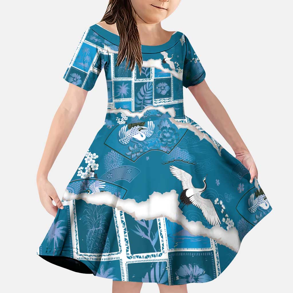 Hawaii Japanese Culture Blue Family Matching Off The Shoulder Long Sleeve Dress and Hawaiian Shirt Spring Cranes Aloha Pattern