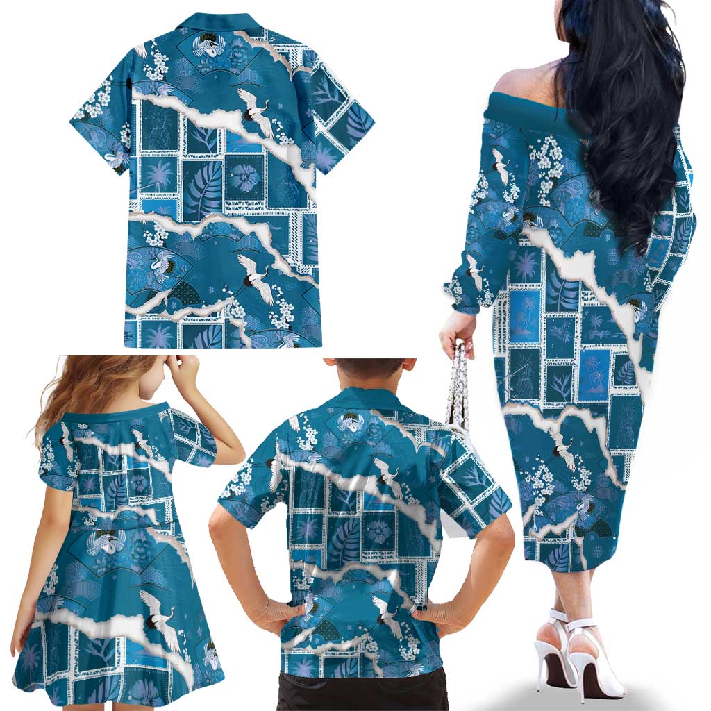 Hawaii Japanese Culture Blue Family Matching Off The Shoulder Long Sleeve Dress and Hawaiian Shirt Spring Cranes Aloha Pattern