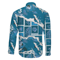 Hawaii Japanese Culture Blue Family Matching Off The Shoulder Long Sleeve Dress and Hawaiian Shirt Spring Cranes Aloha Pattern