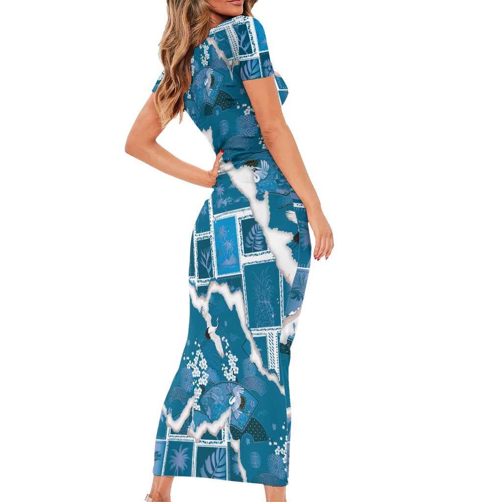 Hawaii Japanese Culture Blue Family Matching Short Sleeve Bodycon Dress and Hawaiian Shirt Spring Cranes Aloha Pattern