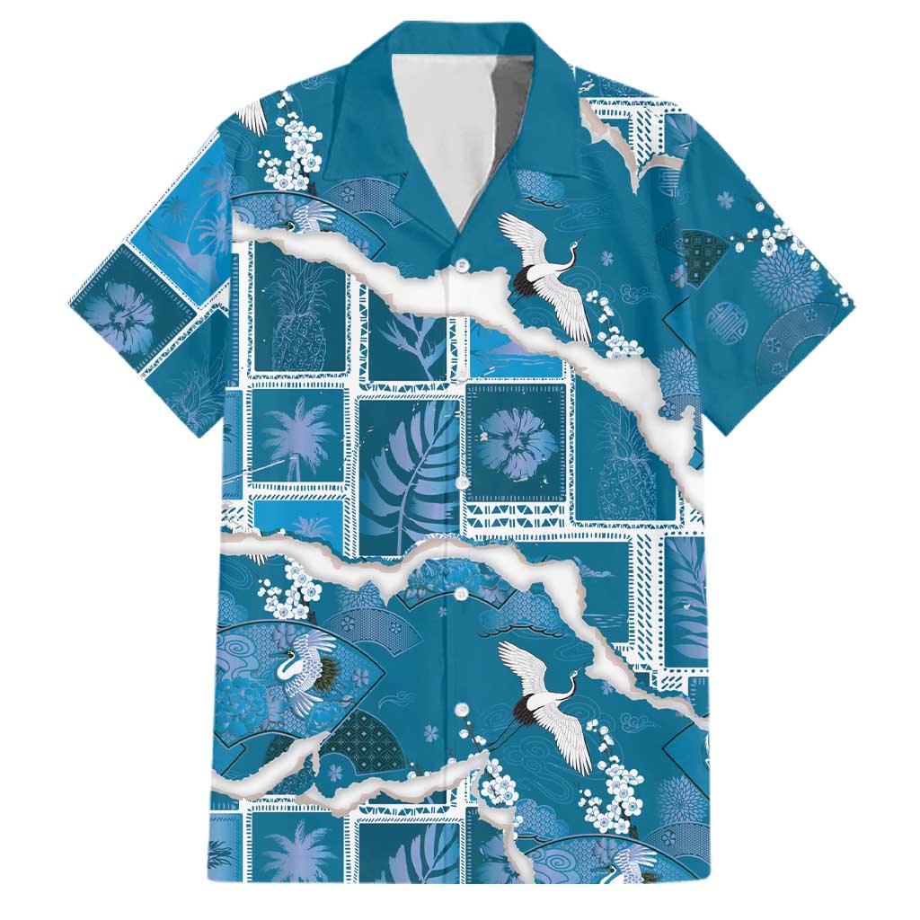 Hawaii Japanese Culture Blue Family Matching Summer Maxi Dress and Hawaiian Shirt Spring Cranes Aloha Pattern
