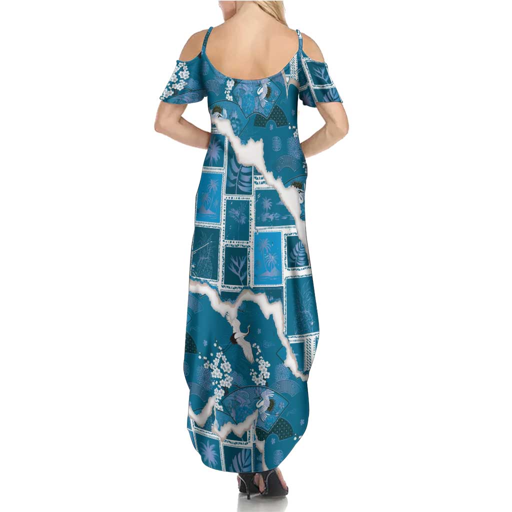 Hawaii Japanese Culture Blue Family Matching Summer Maxi Dress and Hawaiian Shirt Spring Cranes Aloha Pattern