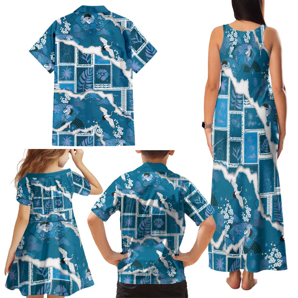 Hawaii Japanese Culture Blue Family Matching Tank Maxi Dress and Hawaiian Shirt Spring Cranes Aloha Pattern