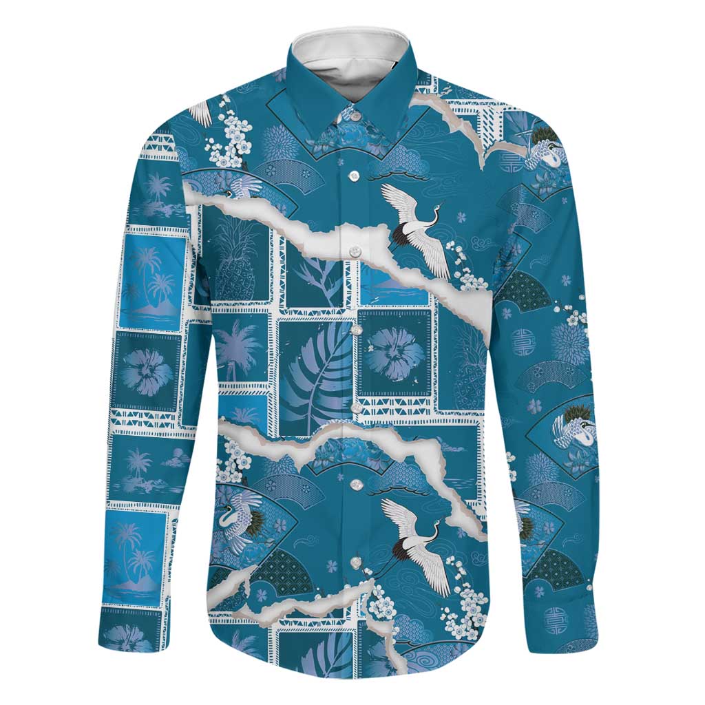 Hawaii Japanese Culture Blue Family Matching Tank Maxi Dress and Hawaiian Shirt Spring Cranes Aloha Pattern