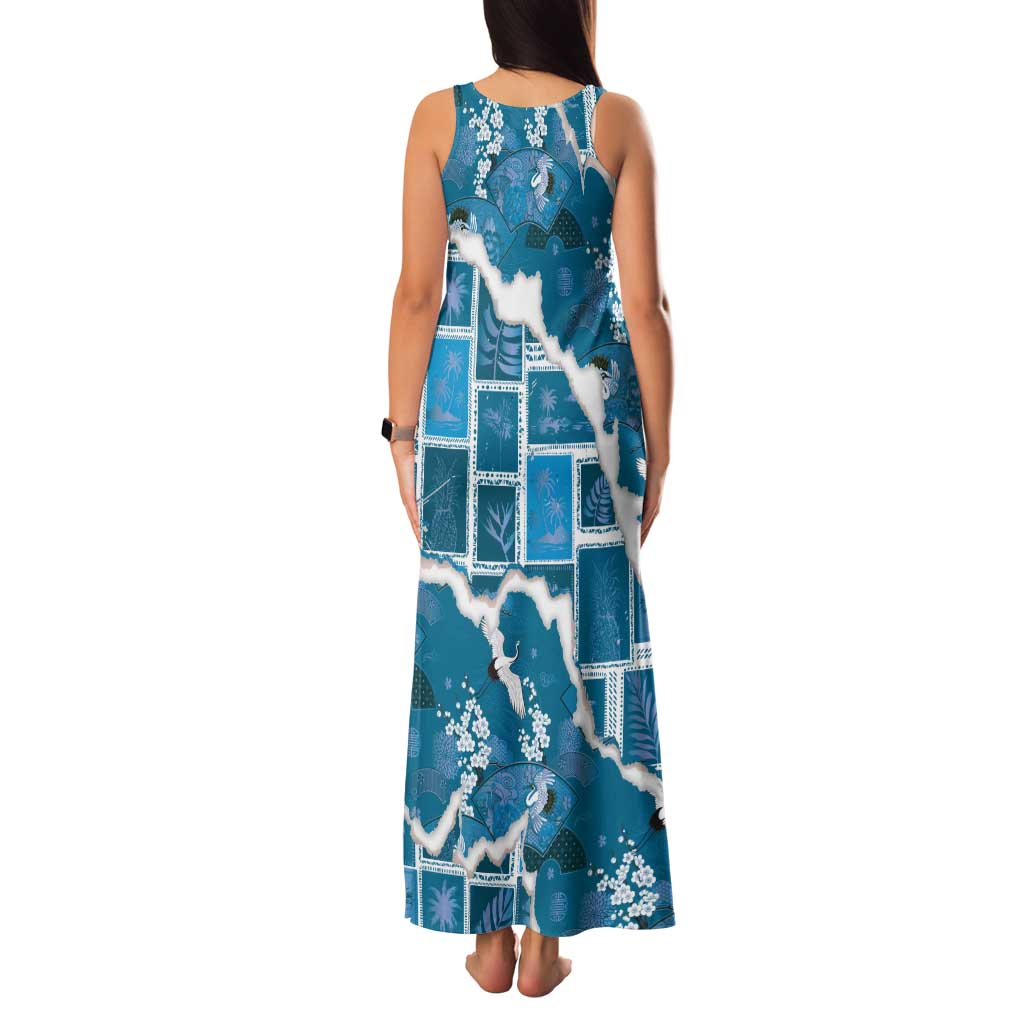 Hawaii Japanese Culture Blue Family Matching Tank Maxi Dress and Hawaiian Shirt Spring Cranes Aloha Pattern