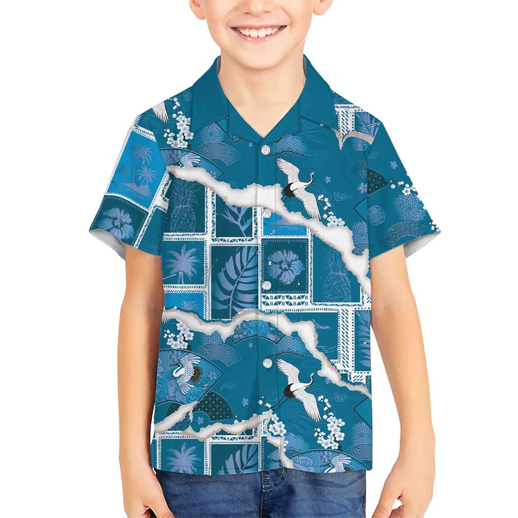 Hawaii Japanese Culture Blue Family Matching Tank Maxi Dress and Hawaiian Shirt Spring Cranes Aloha Pattern