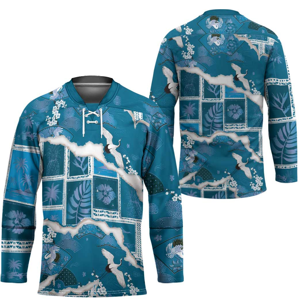 Hawaii Japanese Culture Blue Hockey Jersey Spring Cranes Aloha Pattern