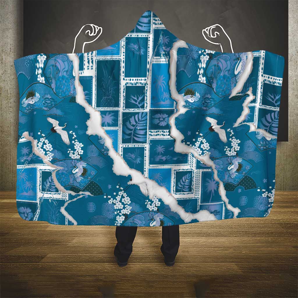 Hawaii Japanese Culture Blue Hooded Blanket Spring Cranes Aloha Pattern