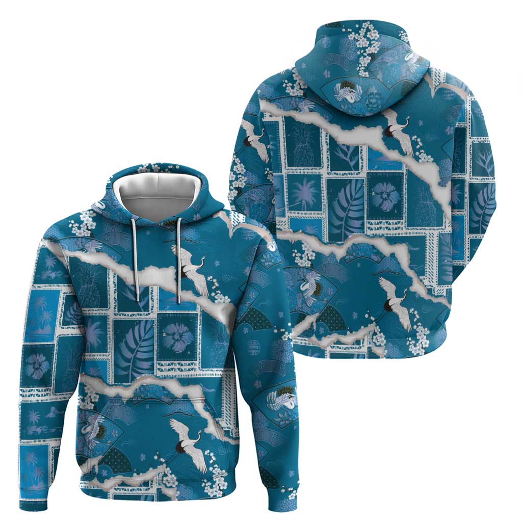 Hawaii Japanese Culture Blue Hoodie Spring Cranes Aloha Pattern