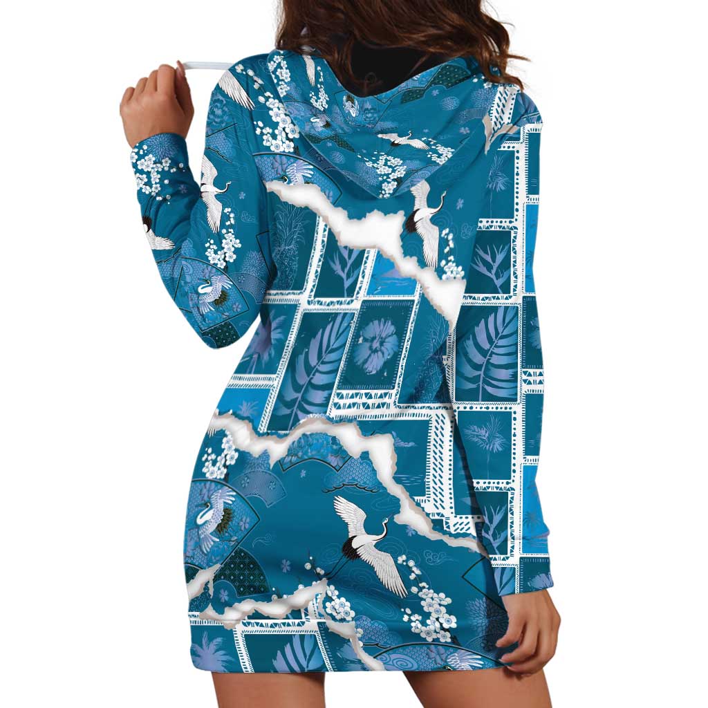 Hawaii Japanese Culture Blue Hoodie Dress Spring Cranes Aloha Pattern LT01 - Polynesian Pride