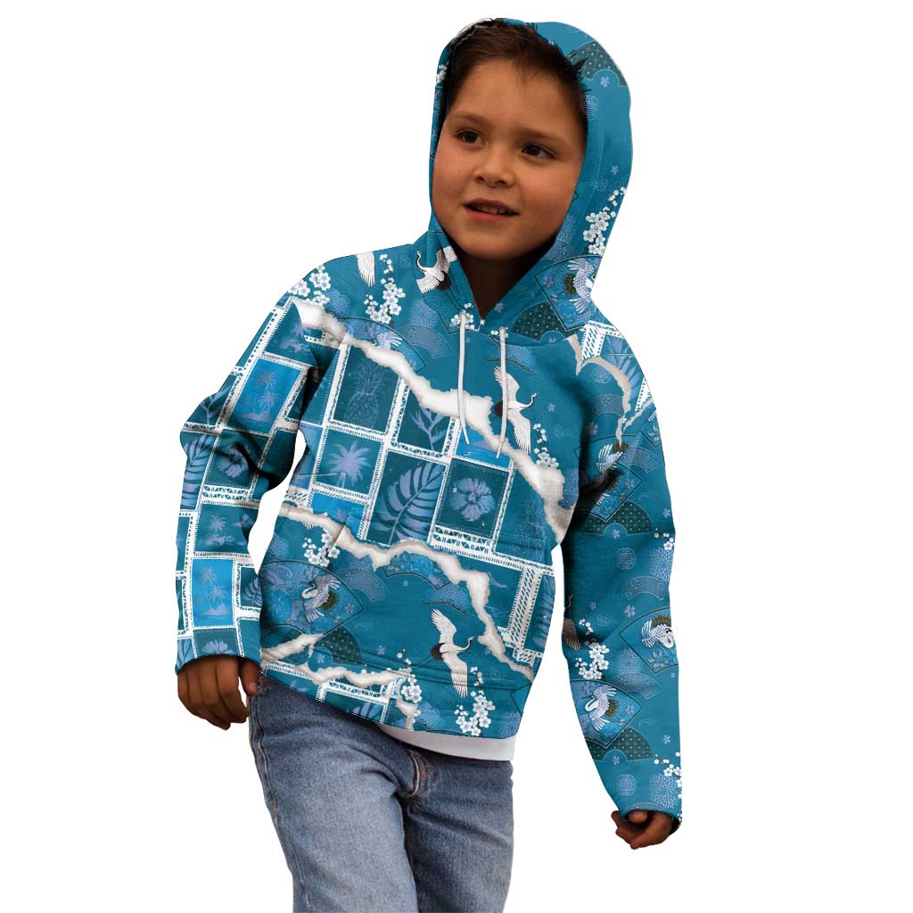 Hawaii Japanese Culture Blue Kid Hoodie Spring Cranes Aloha Pattern
