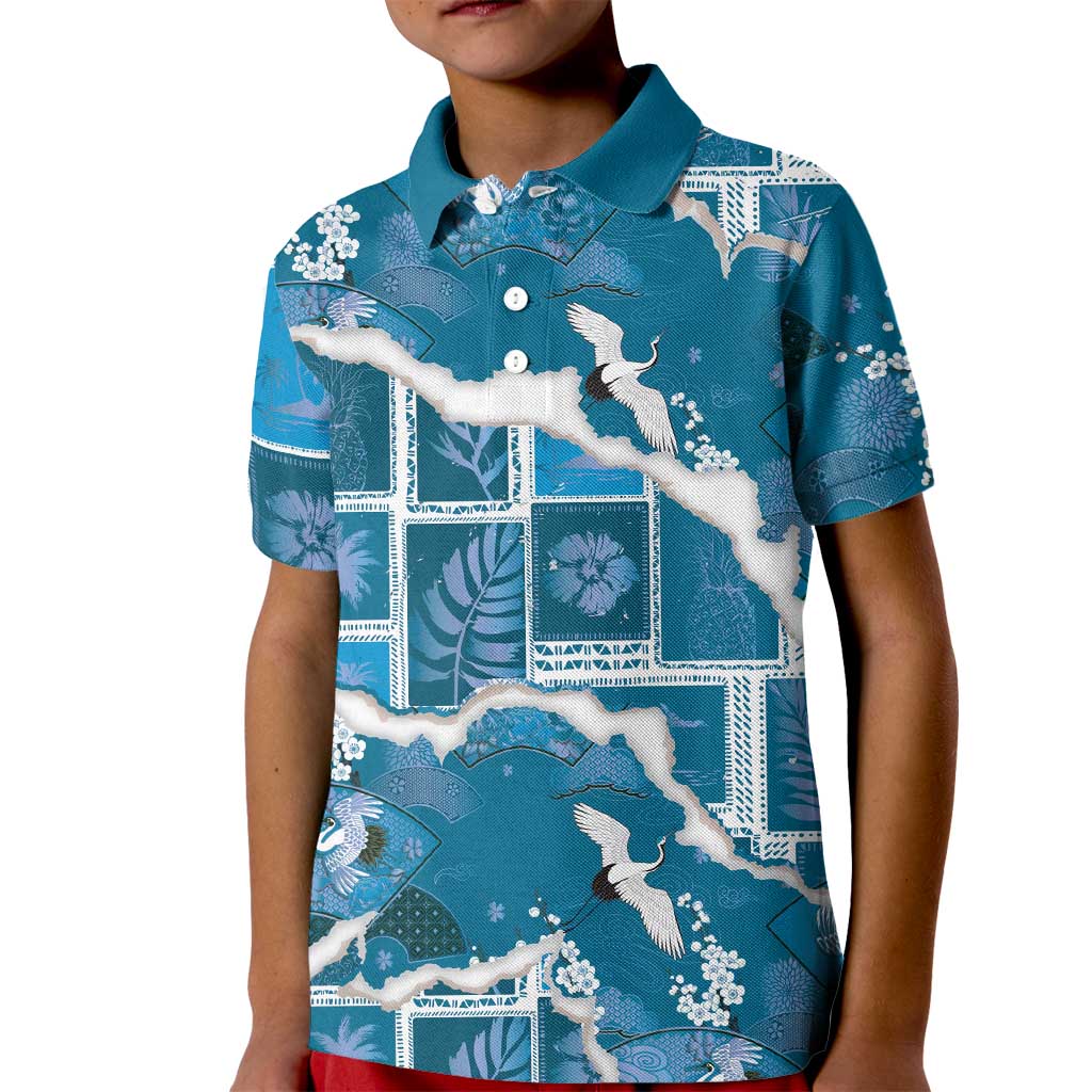Hawaii Japanese Culture Blue Kid Polo Shirt Spring Cranes Aloha Pattern