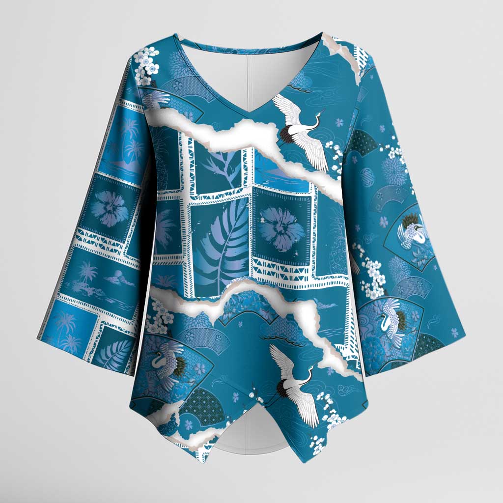 Hawaii Japanese Culture Blue Kimono Sleeve Blouse Spring Cranes Aloha Pattern