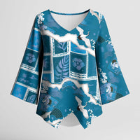 Hawaii Japanese Culture Blue Kimono Sleeve Blouse Spring Cranes Aloha Pattern
