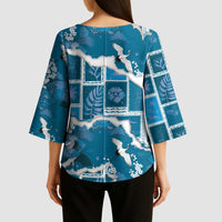 Hawaii Japanese Culture Blue Kimono Sleeve Blouse Spring Cranes Aloha Pattern