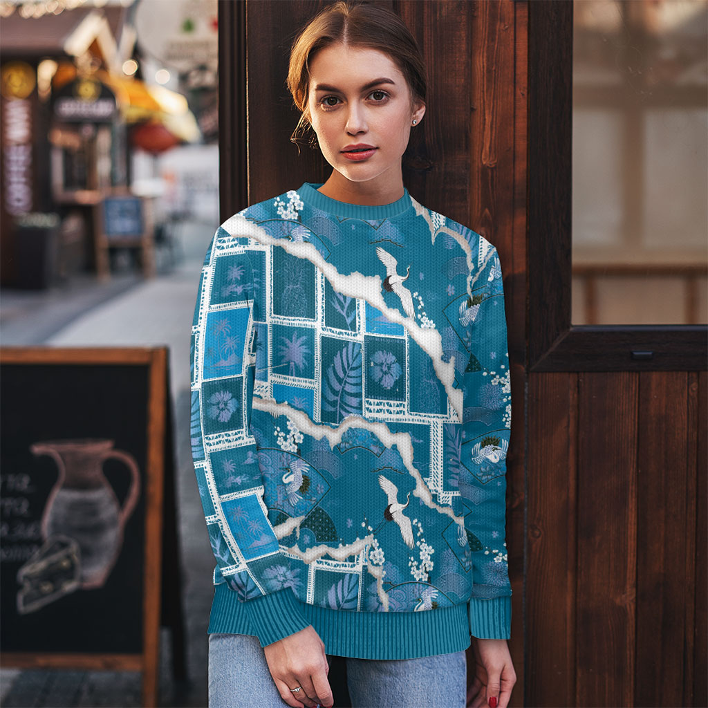 Hawaii Japanese Culture Blue Ugly Christmas Sweater Spring Cranes Aloha Pattern LT01 - Polynesian Pride