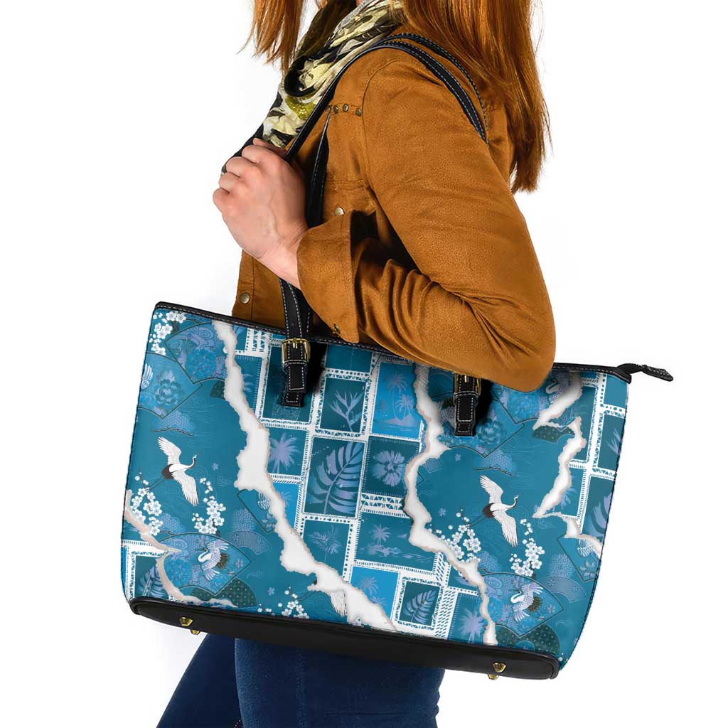Hawaii Japanese Culture Blue Leather Tote Bag Spring Cranes Aloha Pattern