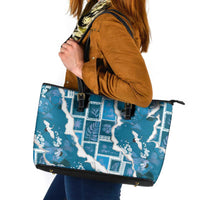 Hawaii Japanese Culture Blue Leather Tote Bag Spring Cranes Aloha Pattern