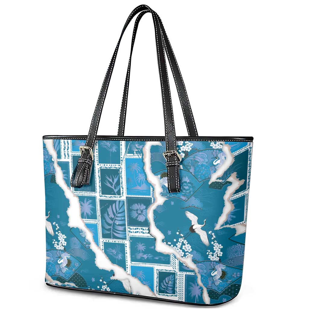 Hawaii Japanese Culture Blue Leather Tote Bag Spring Cranes Aloha Pattern