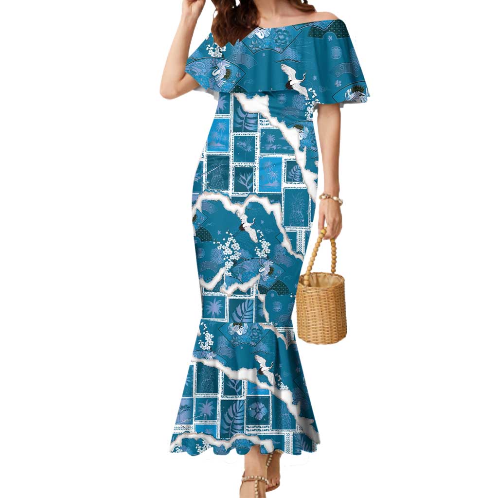 Hawaii Japanese Culture Blue Mermaid Dress Spring Cranes Aloha Pattern