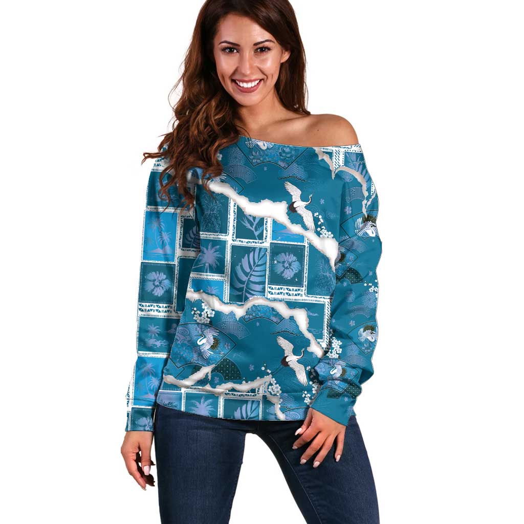 Hawaii Japanese Culture Blue Off Shoulder Sweater Spring Cranes Aloha Pattern