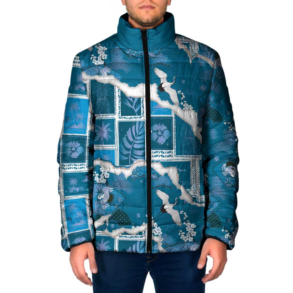 Hawaii Japanese Culture Blue Padded Jacket Spring Cranes Aloha Pattern