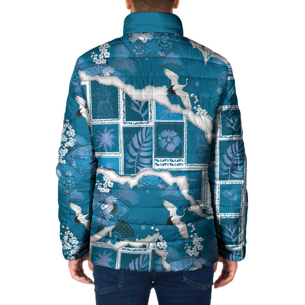 Hawaii Japanese Culture Blue Padded Jacket Spring Cranes Aloha Pattern