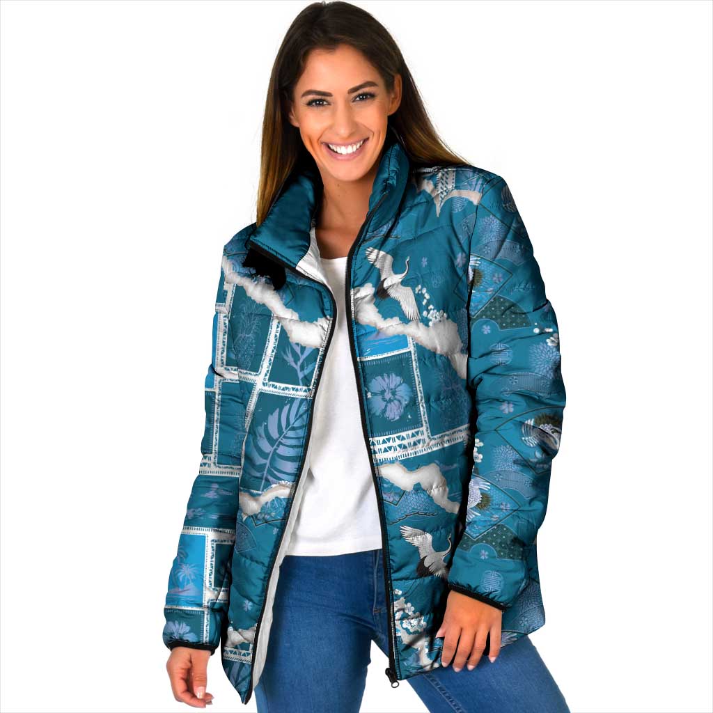 Hawaii Japanese Culture Blue Padded Jacket Spring Cranes Aloha Pattern