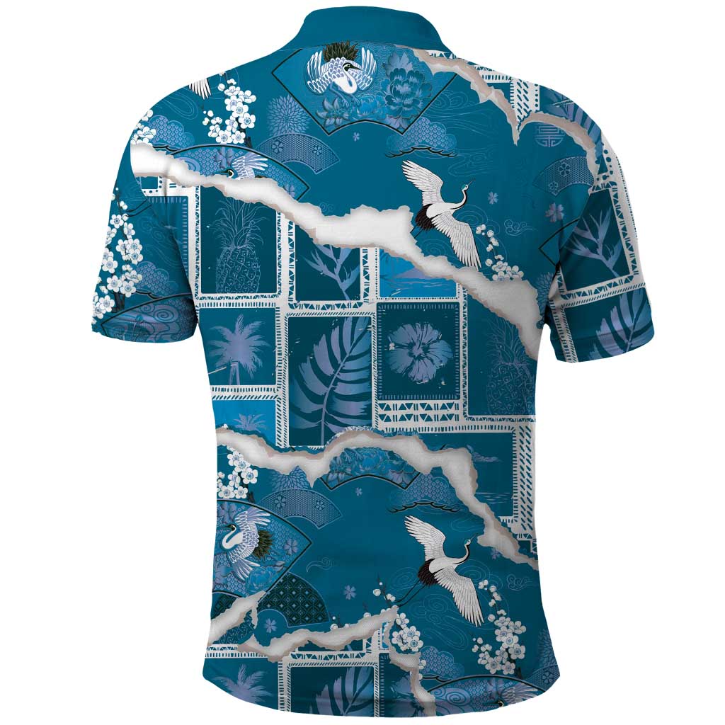 Hawaii Japanese Culture Blue Polo Shirt Spring Cranes Aloha Pattern