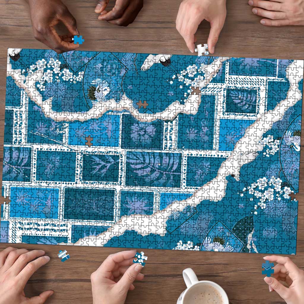 Hawaii Japanese Culture Blue Puzzle Spring Cranes Aloha Pattern
