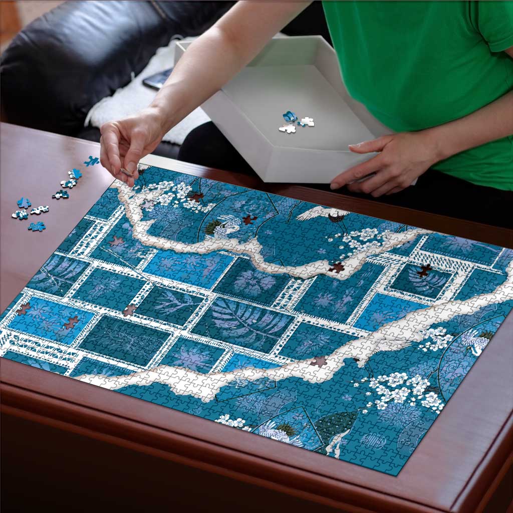 Hawaii Japanese Culture Blue Puzzle Spring Cranes Aloha Pattern