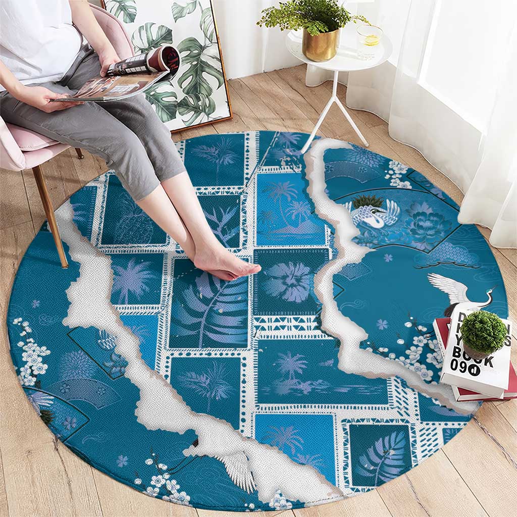 Hawaii Japanese Culture Blue Round Carpet Spring Cranes Aloha Pattern