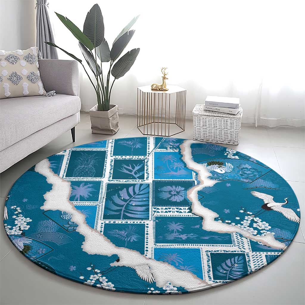 Hawaii Japanese Culture Blue Round Carpet Spring Cranes Aloha Pattern