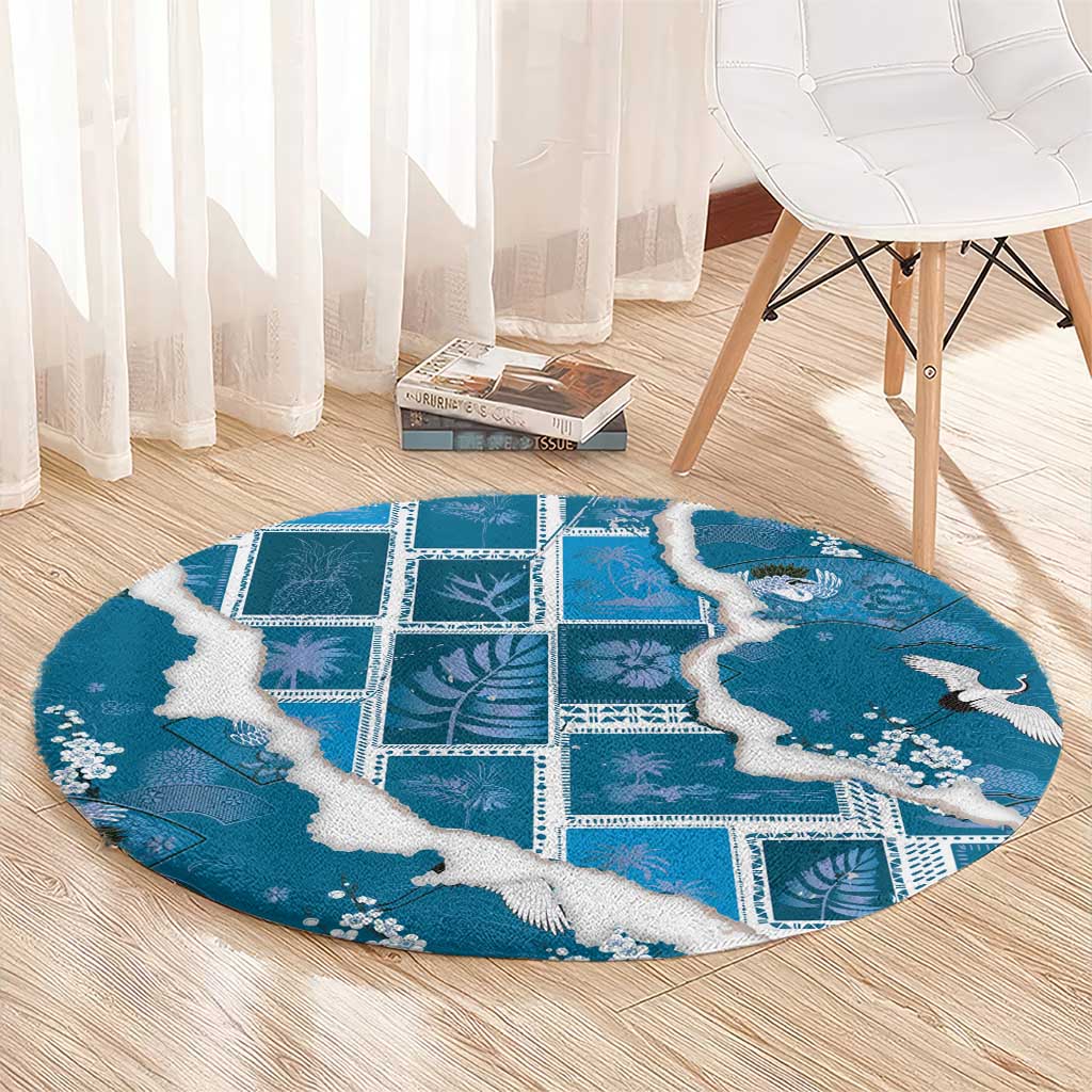 Hawaii Japanese Culture Blue Round Carpet Spring Cranes Aloha Pattern