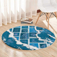 Hawaii Japanese Culture Blue Round Carpet Spring Cranes Aloha Pattern