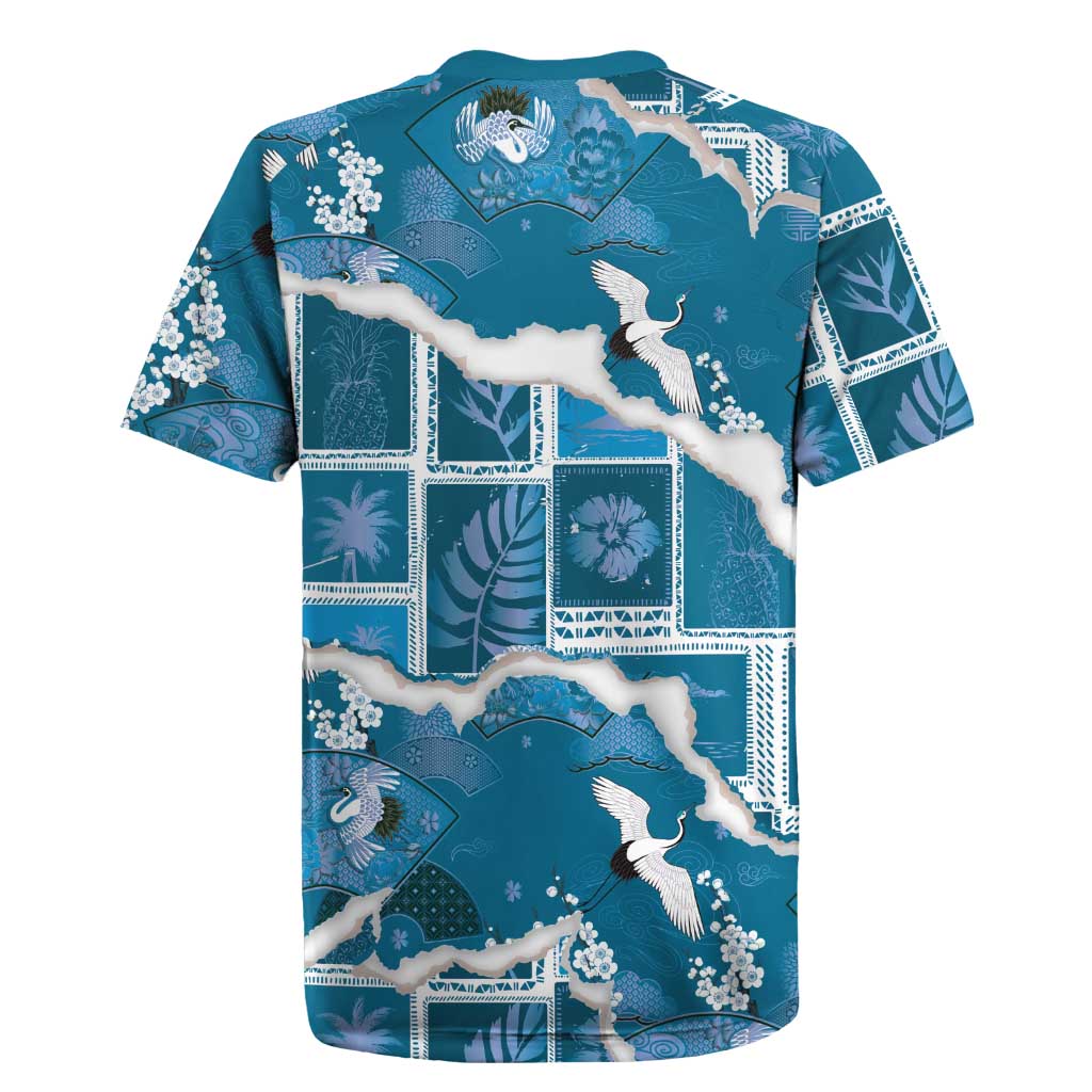 Hawaii Japanese Culture Blue Rugby Jersey Spring Cranes Aloha Pattern