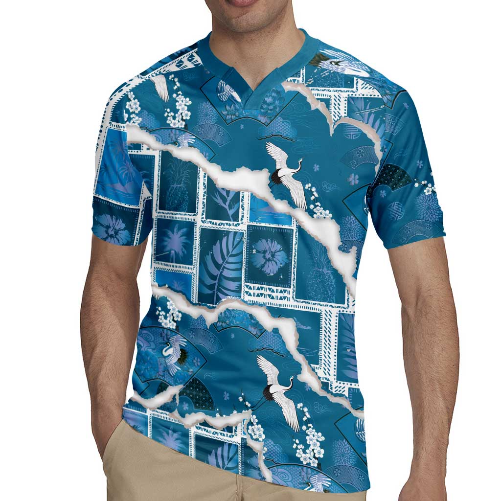 Hawaii Japanese Culture Blue Rugby Jersey Spring Cranes Aloha Pattern
