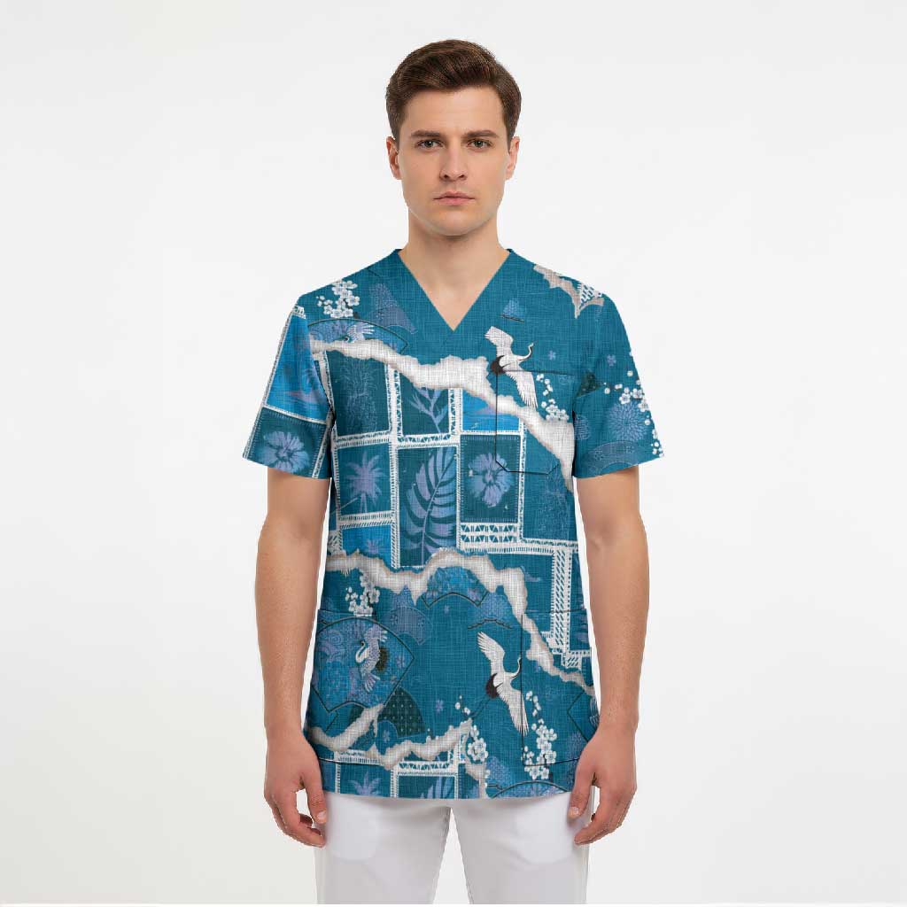 Hawaii Japanese Culture Blue Scrub Top Spring Cranes Aloha Pattern