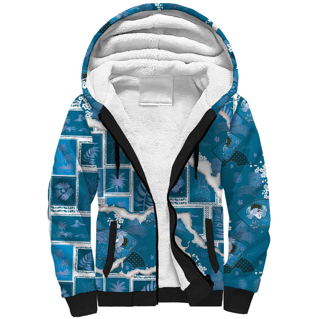Hawaii Japanese Culture Blue Sherpa Hoodie Spring Cranes Aloha Pattern