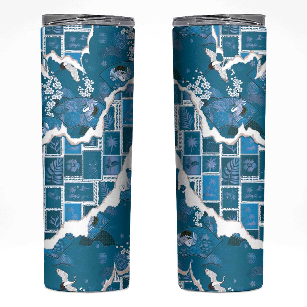 Hawaii Japanese Culture Blue Skinny Tumbler Spring Cranes Aloha Pattern LT01 Blue - Polynesian Pride