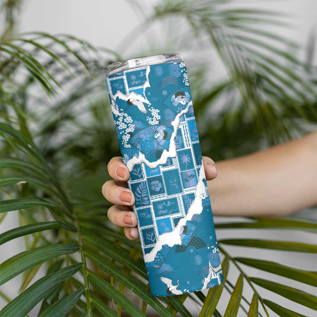 Hawaii Japanese Culture Blue Skinny Tumbler Spring Cranes Aloha Pattern LT01 - Polynesian Pride