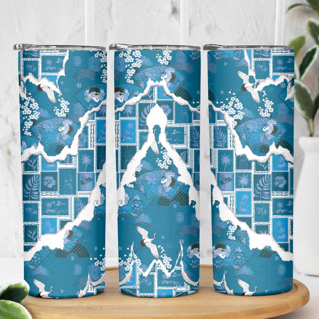 Hawaii Japanese Culture Blue Skinny Tumbler Spring Cranes Aloha Pattern LT01 - Polynesian Pride