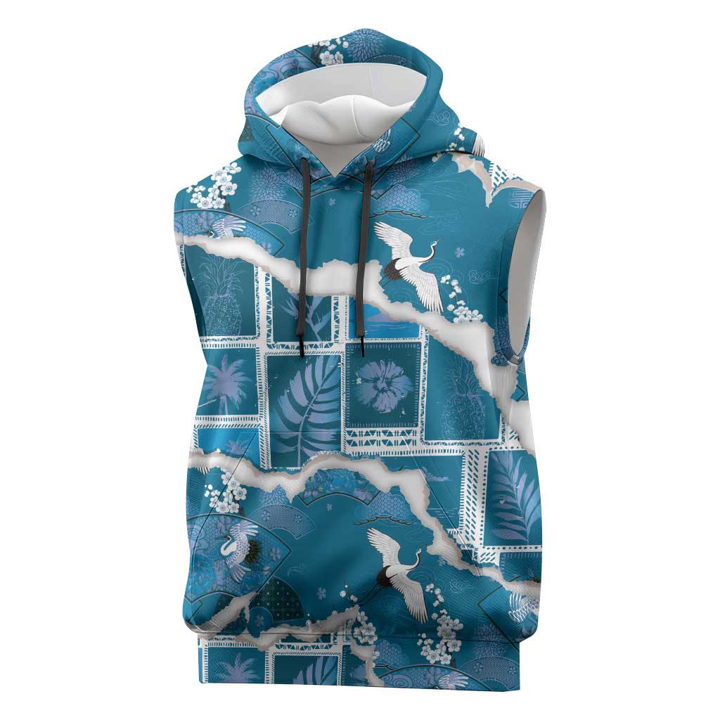 Hawaii Japanese Culture Blue Sleeveless Hoodie Spring Cranes Aloha Pattern