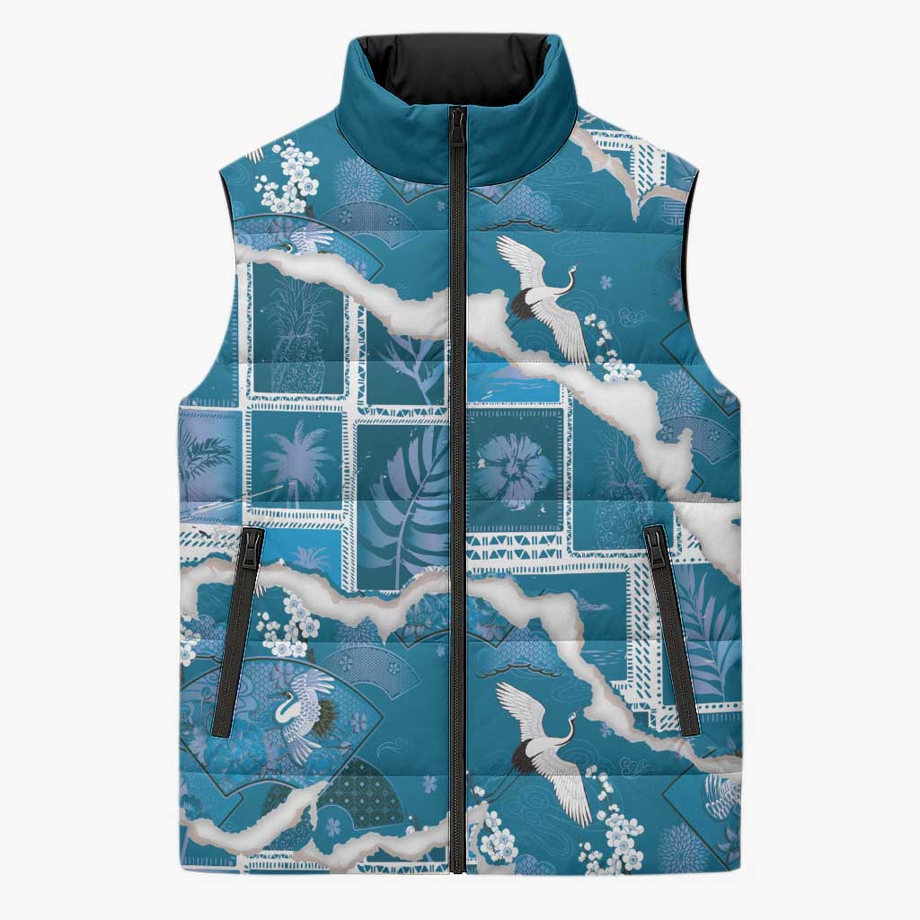 Hawaii Japanese Culture Blue Sleeveless Puffer Jacket Spring Cranes Aloha Pattern