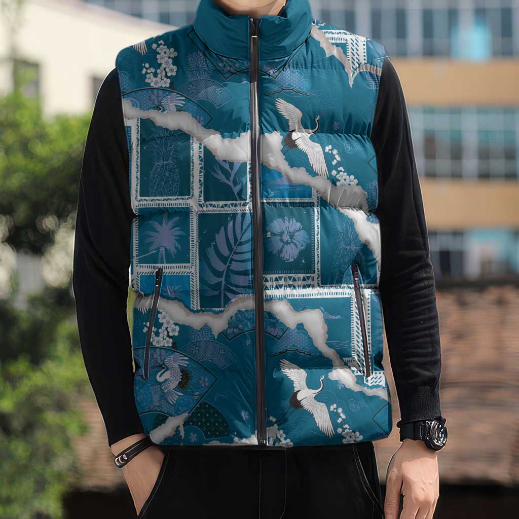 Hawaii Japanese Culture Blue Sleeveless Puffer Jacket Spring Cranes Aloha Pattern