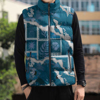 Hawaii Japanese Culture Blue Sleeveless Puffer Jacket Spring Cranes Aloha Pattern